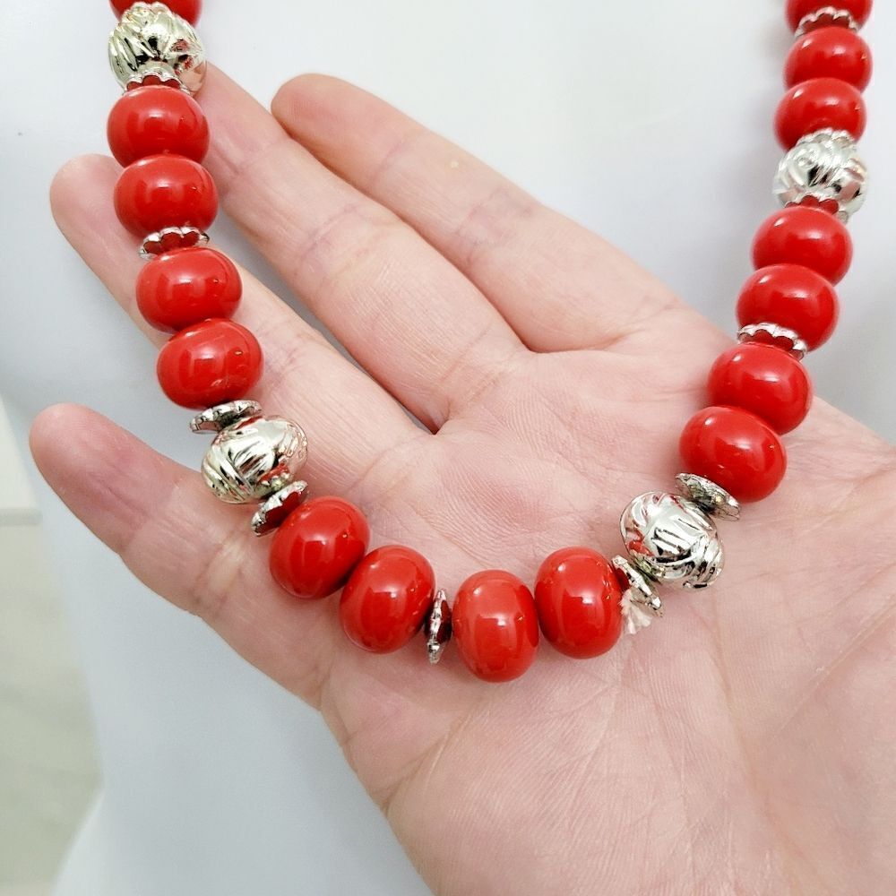 2/$20 Vintage Red & Silver Long Necklace Length: 30.5" - Picture 4 of 9